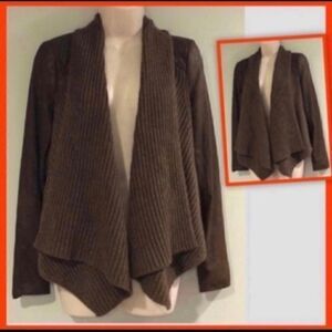 VINCE. RARE WOOL & YAK DRAPE FRONT LEATHER SWEATER JACKET BROWN
